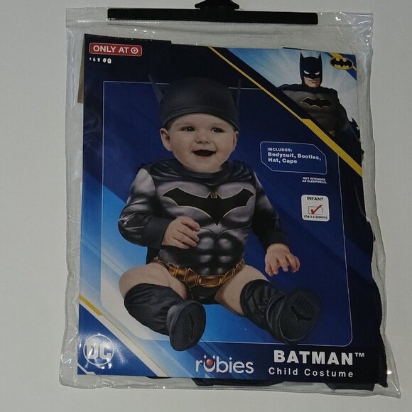 NEW Batman Halloween Costume Baby 0-6 Months DC Rubie's Bodysuit Booties Cape - Picture 2 of 4